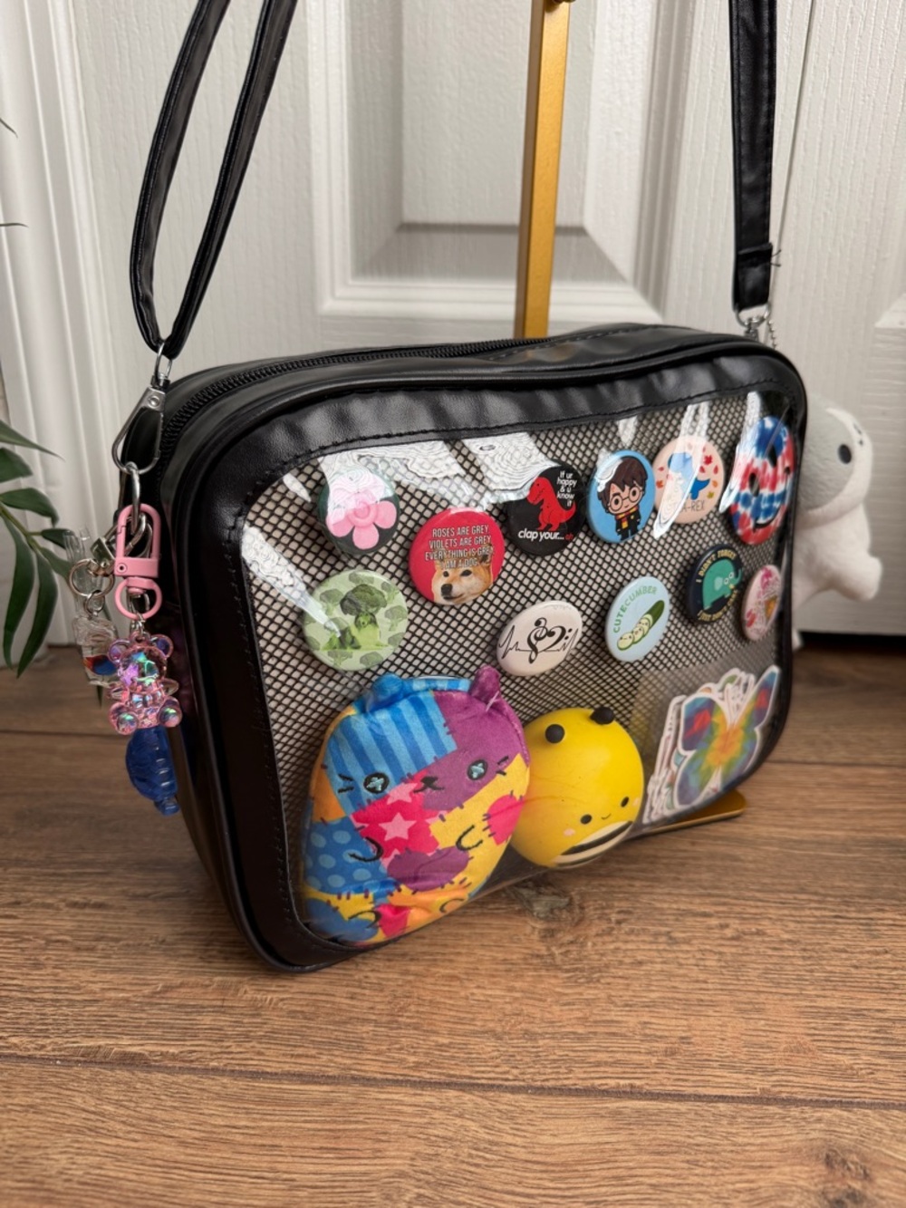 Black Transparent Crossbody Messenger Bag w/Pin Display - Free Items w/Purchase